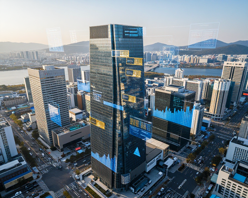 Modern Seoul Financial District with Digital Data Overlays
