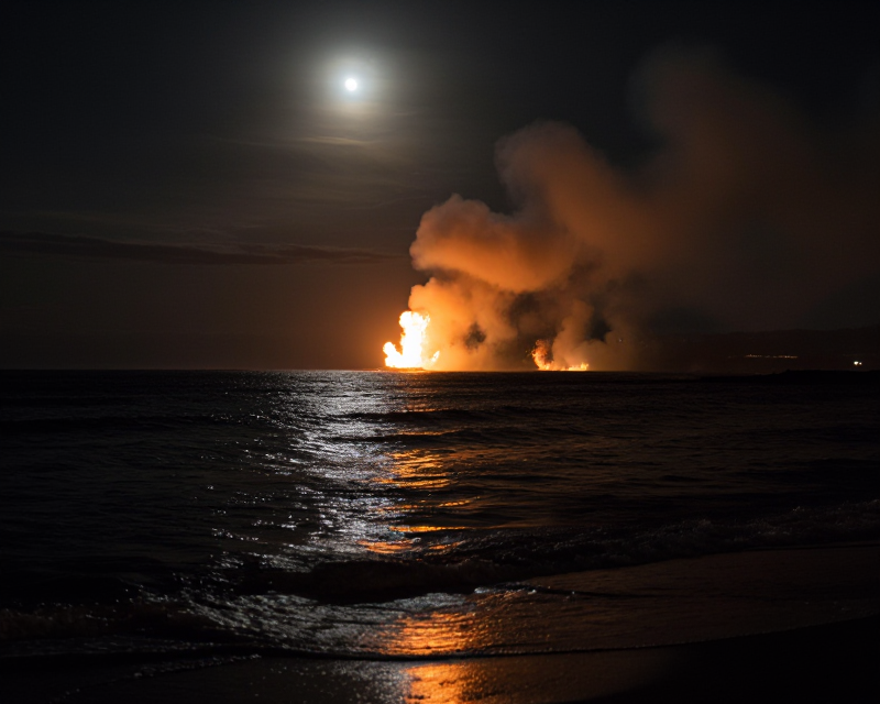 Atmospheric night scene of coastal explosions