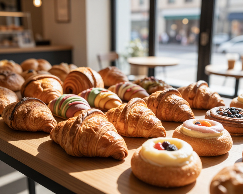 Freshly baked bakery products in a bright cafe