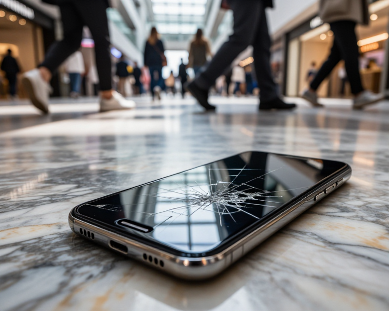 Cracked smartphone on mall floor